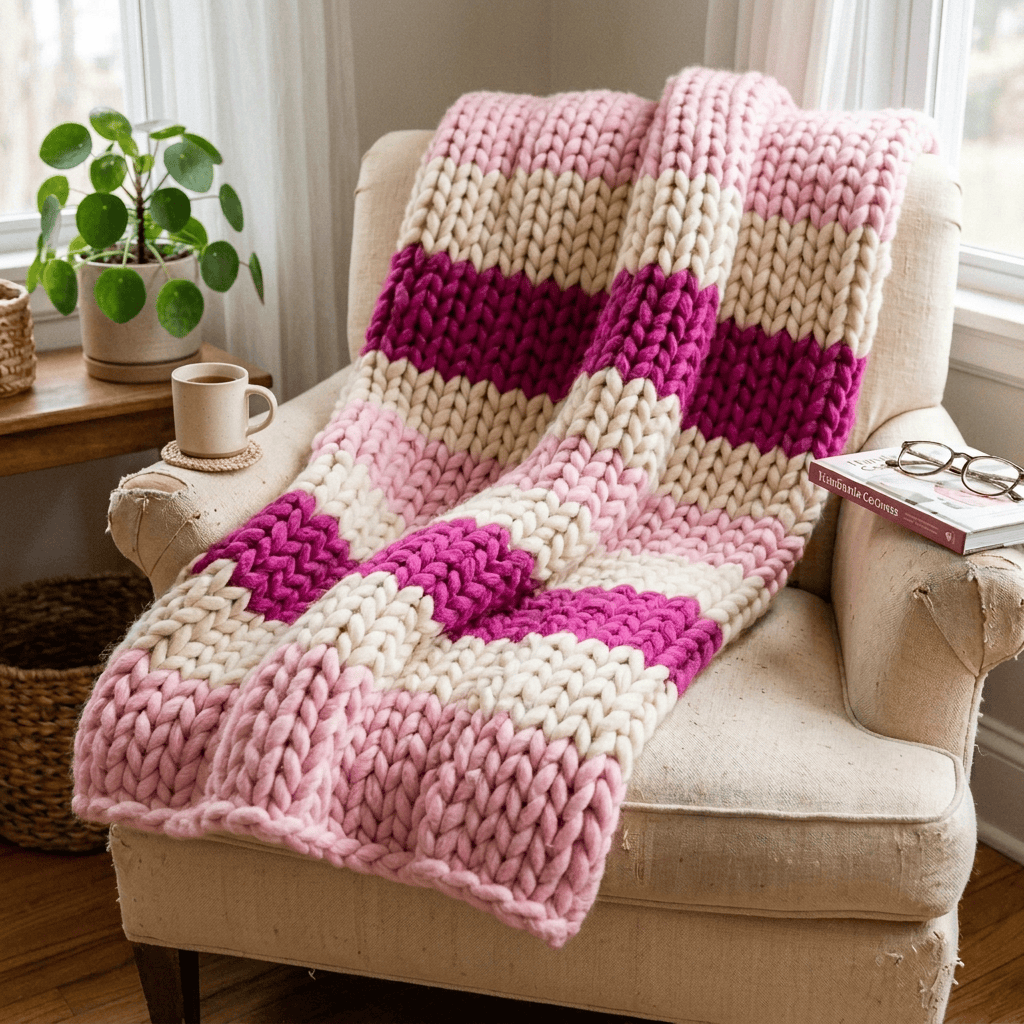 Chunky pink and cream blanket draped over an armchair beside tea and books