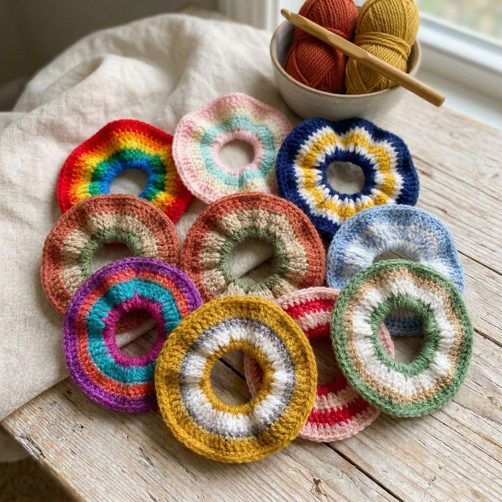 Colorful handmade crochet scrunchies beside yarn and a crochet hook