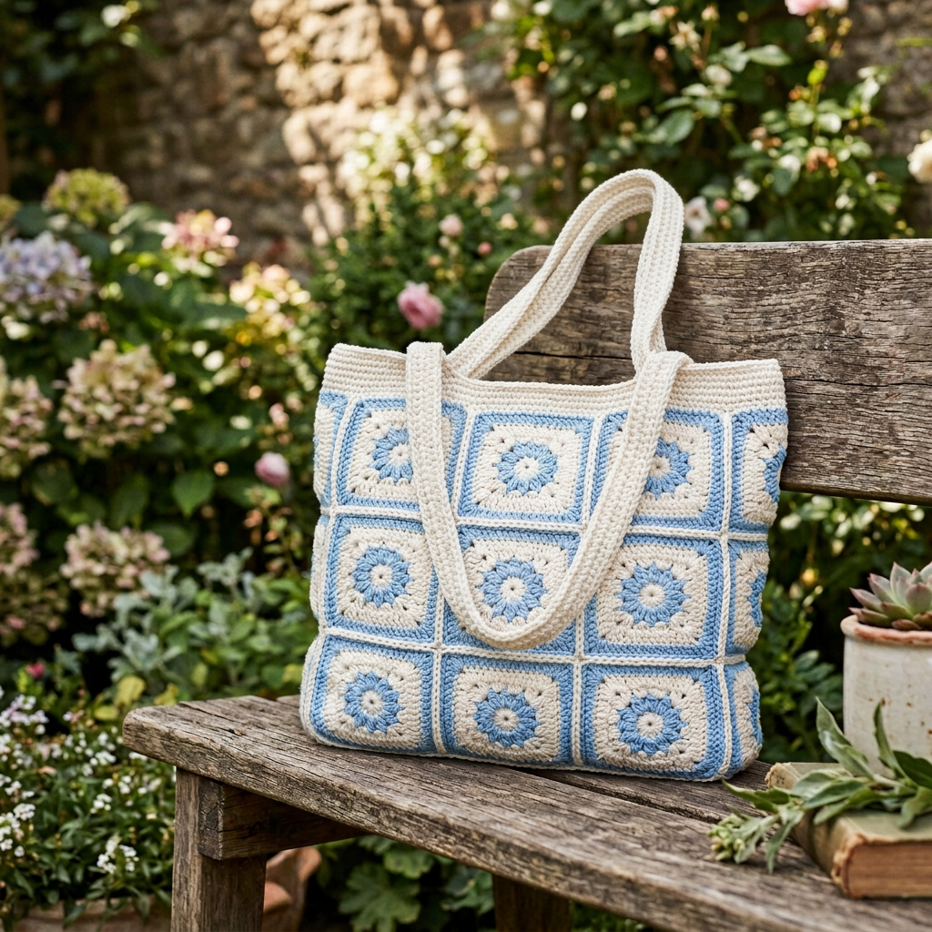 Blue-and-cream crochet tote bag on a garden bench