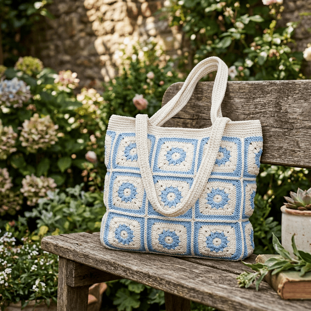 Blue-and-cream crochet tote bag on a garden bench