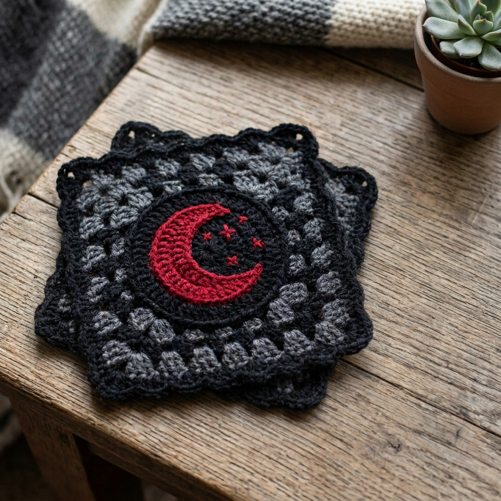 Multiple crocheted moon coasters without coffee cup