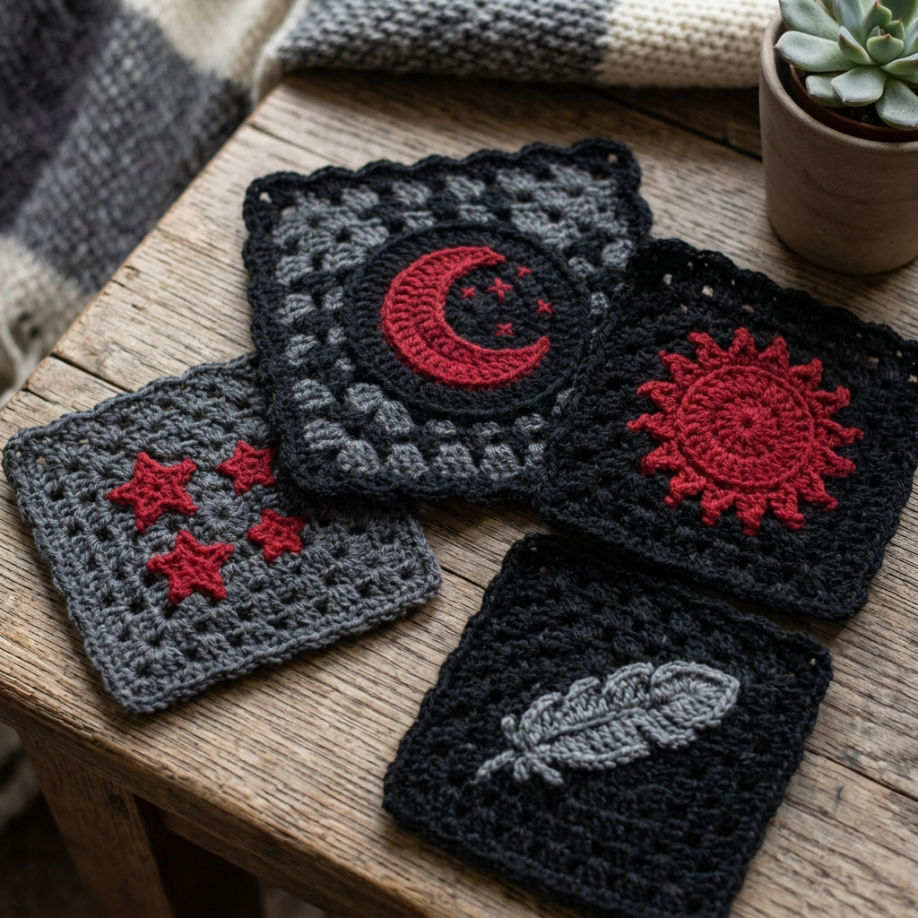 Crocheted black and gray square with red crescent moon beside coffee